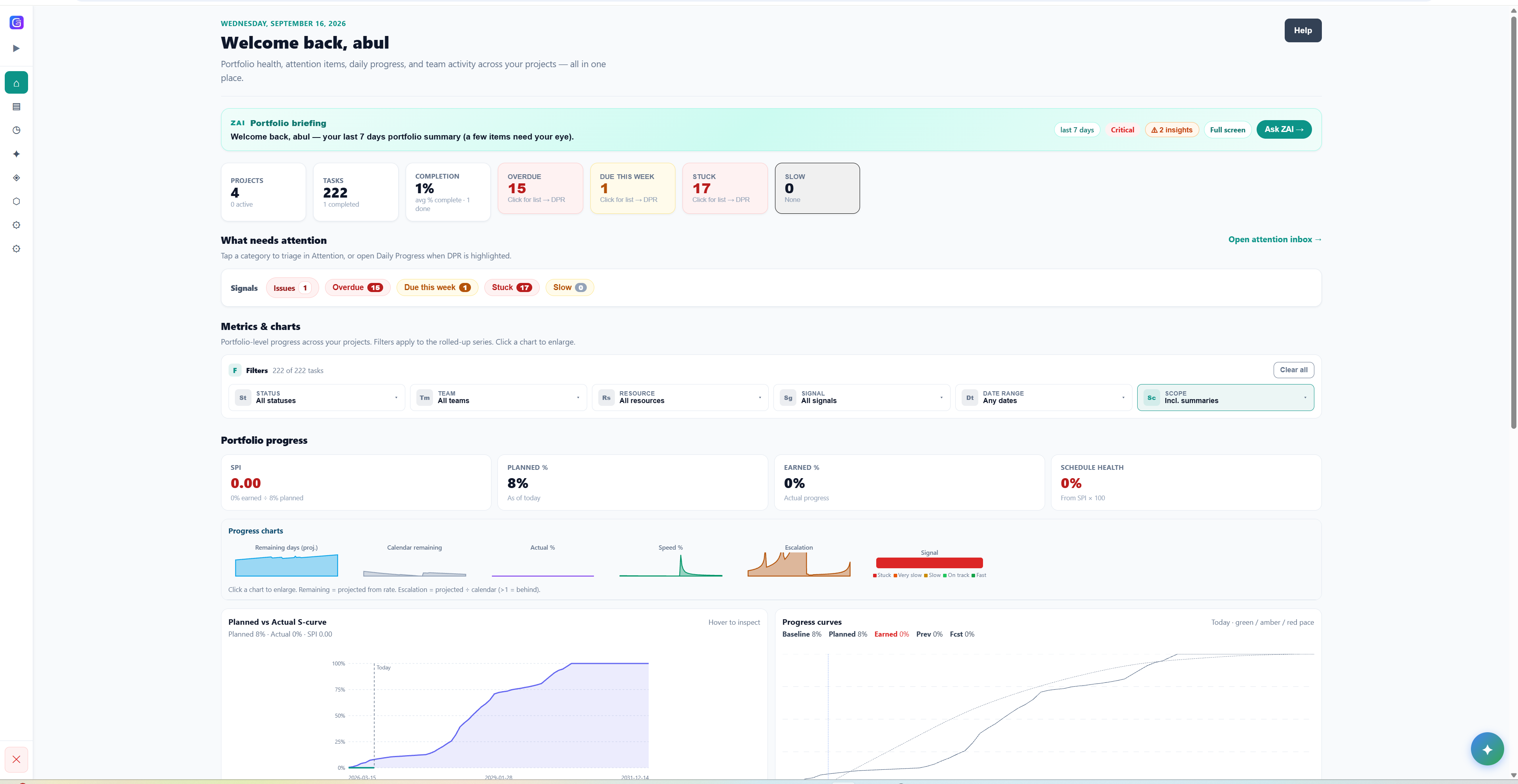Gantivity dashboard showing live schedule health and execution signals across a project