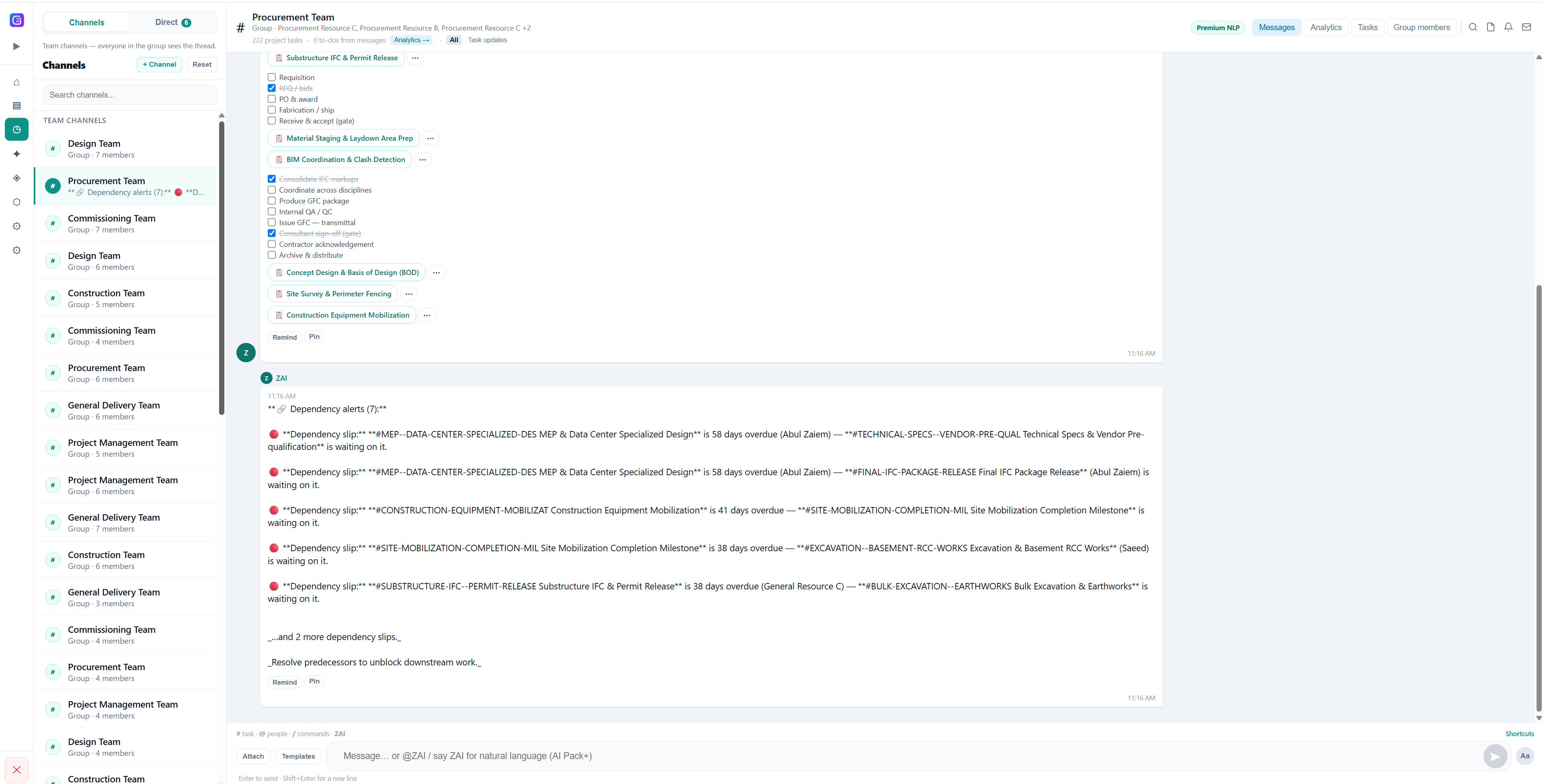 Gantivity project messaging with ZAI, where conversation is connected to the schedule