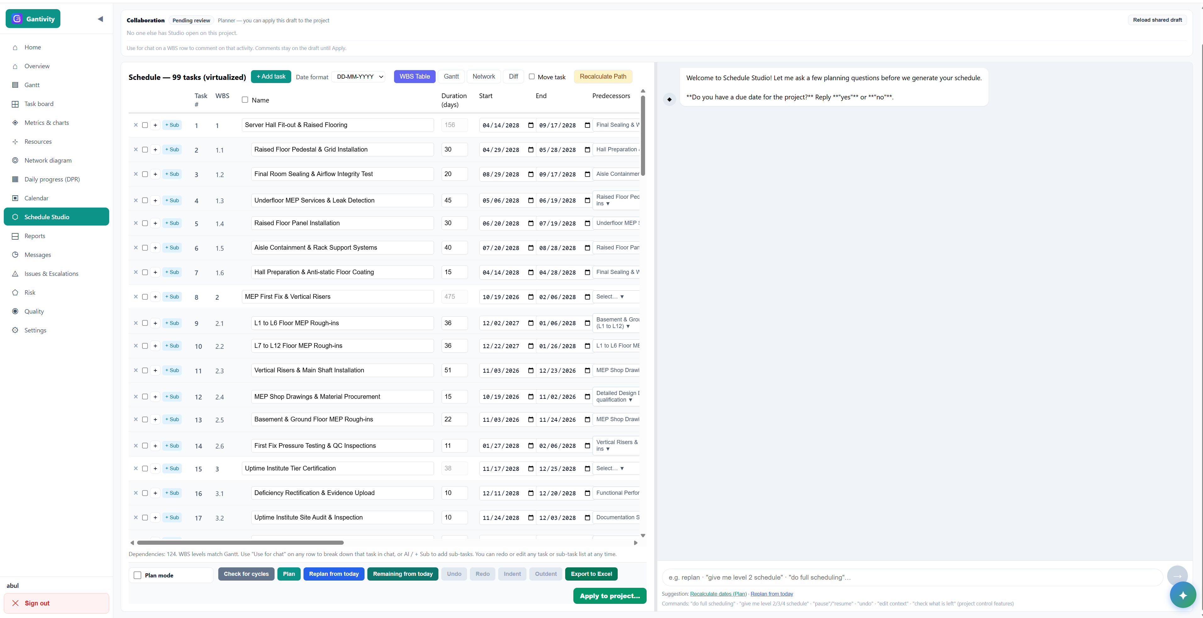 Gantivity Schedule Studio drafting a WBS with AI chat